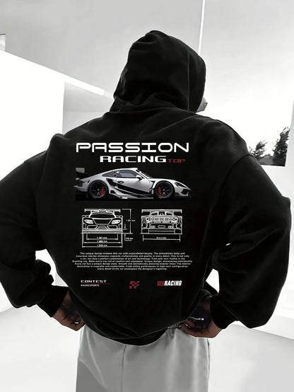2025 Popular Digital Pattern Men's Hooded Sweatshirt Car-Themed Design American-Style Casual Sports Long-Sleeved Shirt