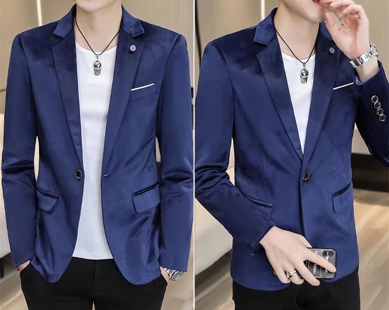2026 Men's Red Slim Suit Jacket, Long Sleeve Single Button Dress Coat, Asian Size Teenagers Blazers Blue Green Black Male Tops