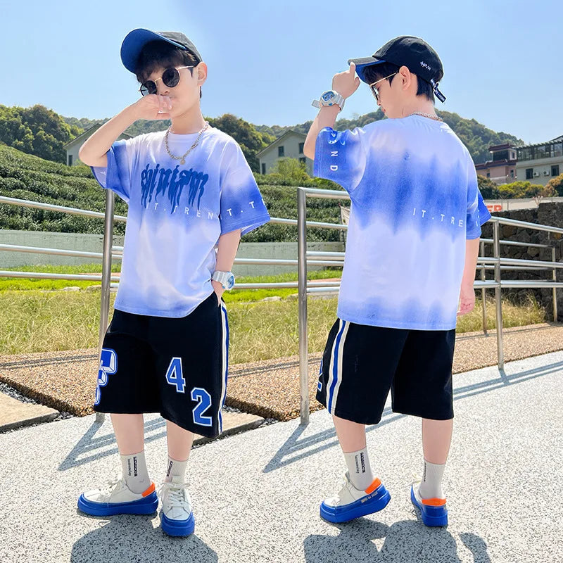 Summer Boys Cotton Alphabet Tie Dye t-Shirt Tops+Sweat Shorts Pant School Kids Tracksuit Child 2PCS Outfit Workout Set 5-16Years