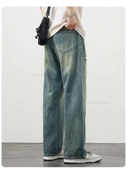 Korea Baggy Jeans Men's Vintage Straight Ripped Y2k Pants Fashion Frayed High Street Distressed Denim Trousers Male Clothes