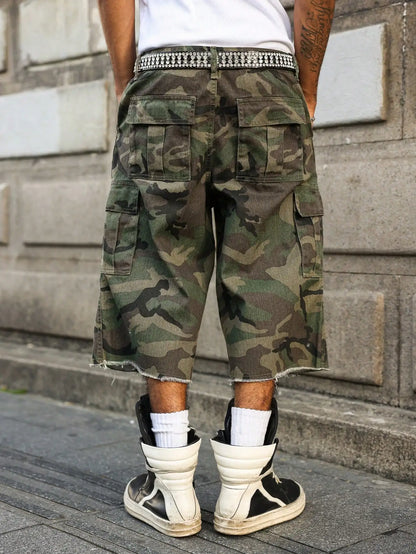 Men's summer denim shorts. Camouflage cargo pants. Multi - pocket design. Street fashion trend. Daily leisure