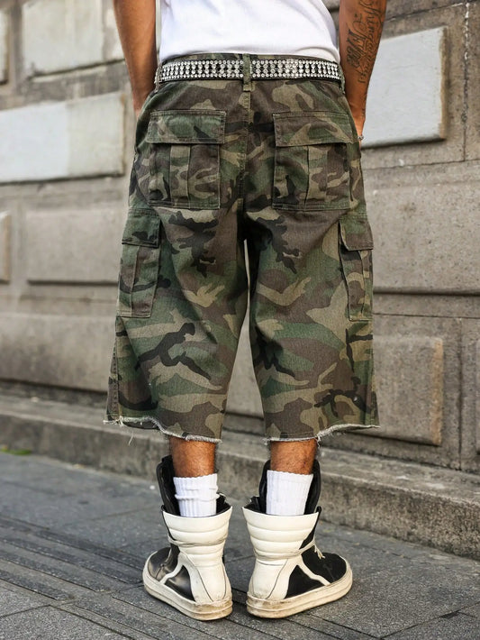 Men's summer denim shorts. Camouflage cargo pants. Multi - pocket design. Street fashion trend. Daily leisure