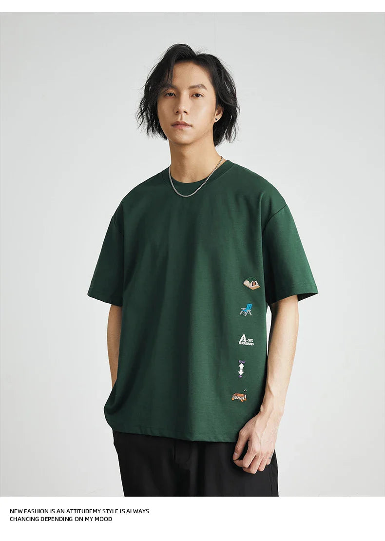 Men's American Retro Short-sleeved T-shirt Men's 2026 Summer New Loose Half-sleeved Embroidered Round Neck Bottoming Shirt