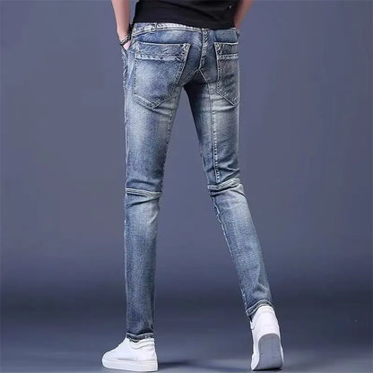 High-End Men's Slim Fit Jeans with Zipper Splicing Elastic Casual Long Trousers Trendy Retro Style Cotton Stretch Denim