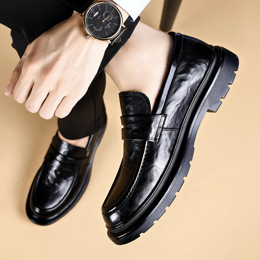 Thick Bottom Leather Shoes Handmade Loafers for Men High Quality Dress Shoes Male Social Masculino Business Botas Para Hombre