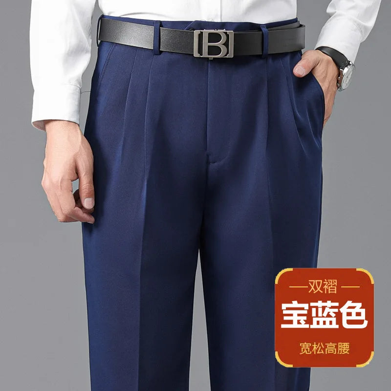 Double Pleated Mens British Pants High Waist Thicken Straight Business Black Formal Clothes For Mens Dress Trousers size 42 44