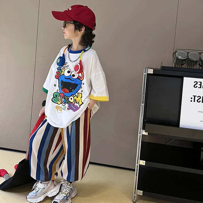 Summer Boys Cotton Contrast Cartoon T-Shirt Tops+Loose Colored Stripes Pant Set School Kids Tracksuit Child 2PCS Outfit 5-16 Yrs