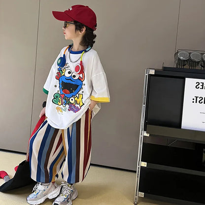 Summer Boys Cotton Contrast Cartoon T-Shirt Tops+Loose Colored Stripes Pant Set School Kids Tracksuit Child 2PCS Outfit 5-16 Yrs