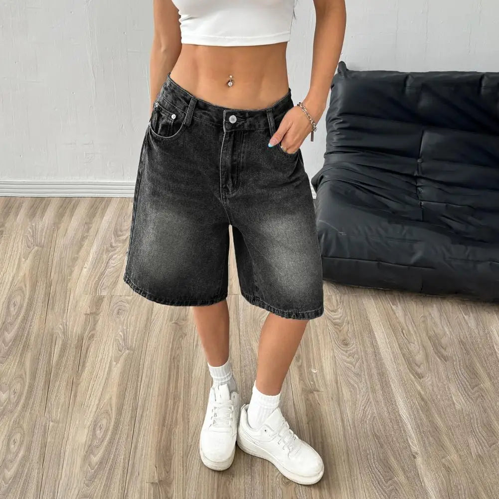 Women's Bermuda Summer Jean Shorts High Waisted Knee Length Baggy Jorts Wide Leg Breathable  Loose Denim Shorts with Pockets