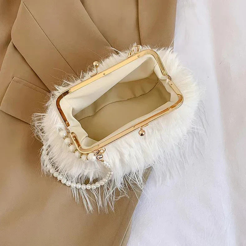 Luxury Faux Fur Evening Bag Pearl Chain Trendy Long Tassel Plush Shoulder Bag Large Capacity Tote Wedding Handbag XA48ZZ