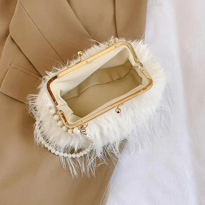 Luxury Faux Fur Evening Bag Pearl Chain Trendy Long Tassel Plush Shoulder Bag Large Capacity Tote Wedding Handbag XA48ZZ