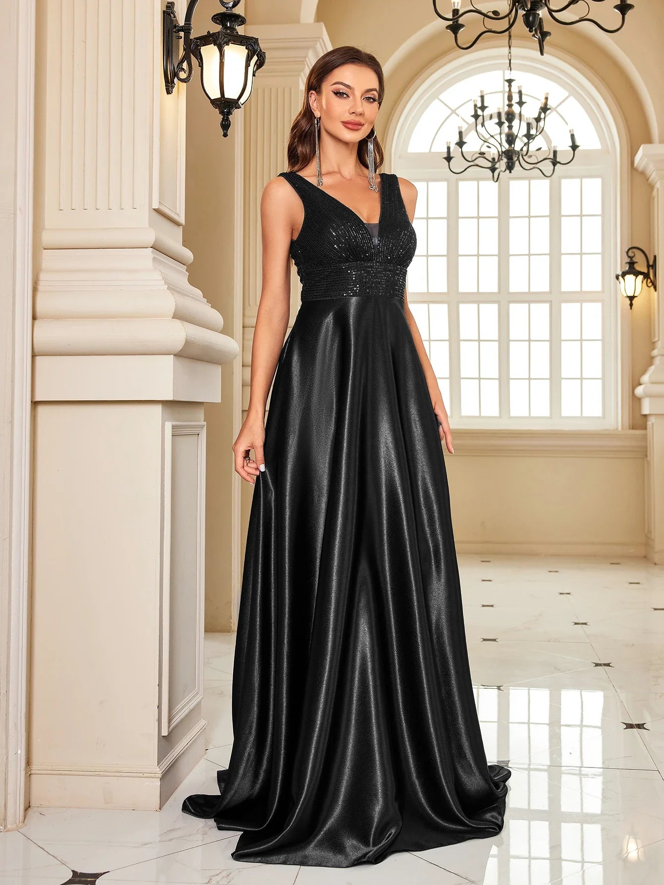 Elegant Sequins Evening Dress For Women 2024 Deep V-neck Satin Prom Party Green Dress Floor Length Blue Formal Gowns