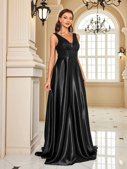 Elegant Sequins Evening Dress For Women 2024 Deep V-neck Satin Prom Party Green Dress Floor Length Blue Formal Gowns