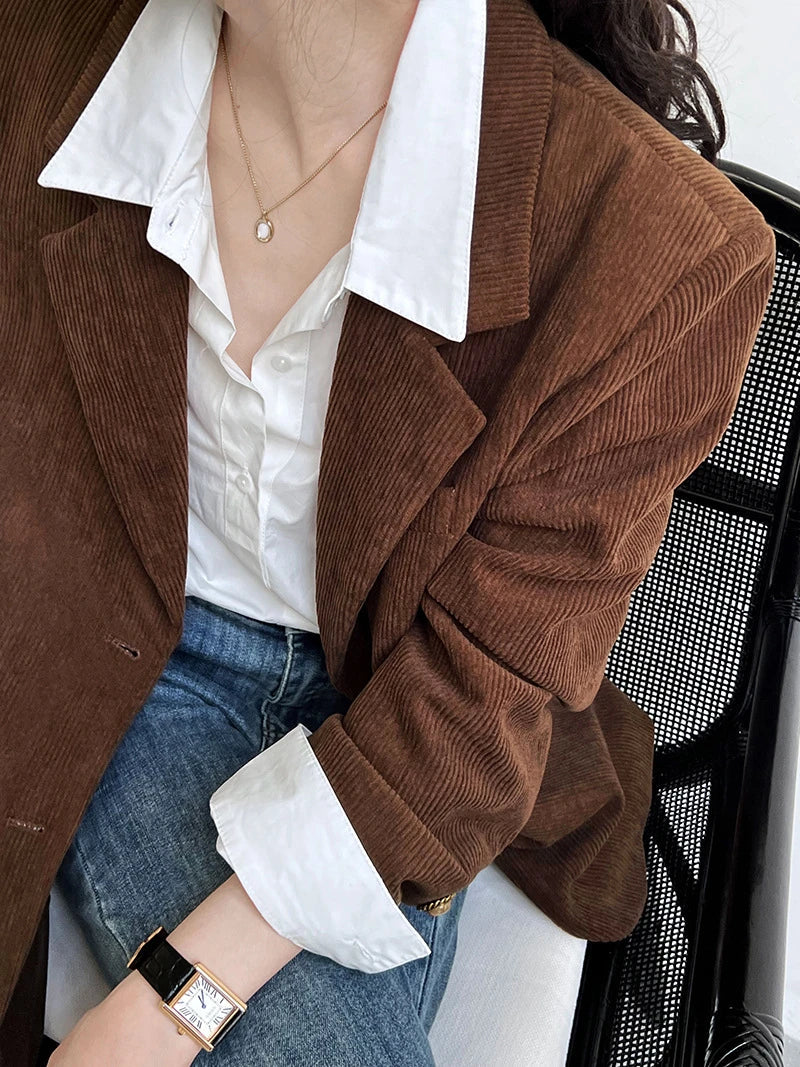 Brown Corduroy Suit Jackets Women's Spring New Fashion Loose Casual Blazers Notched Collar Single Breasted Pockets Female Tops