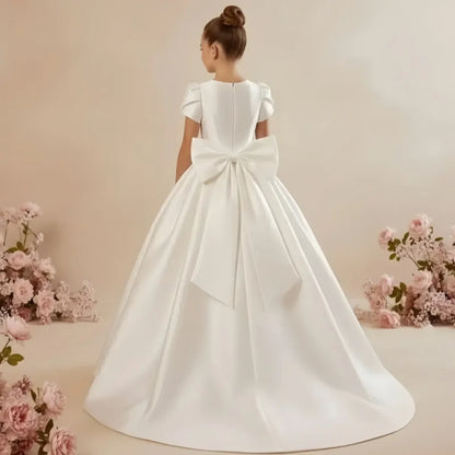 White Flower Girl Dress for Wedding With Bow Satin Floor Length Elegant First Communion Ball Birthday Party Gowns
