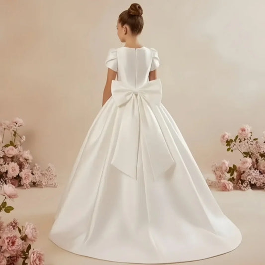 White Flower Girl Dress for Wedding With Bow Satin Floor Length Elegant First Communion Ball Birthday Party Gowns