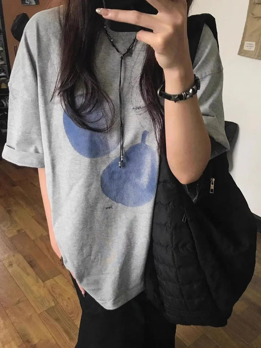Blue Fruit Printed T-shirt for Men and Women Pure Cotton Retro Summer Fashion Trend Comfy Couple Short Sleeved Top Harajuku