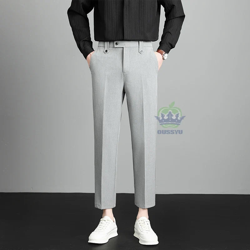 Brand High Quality Business Suit Ankle Length Pants Men Grey Khaki Waist Design Work Office Formal Long Trousers Male