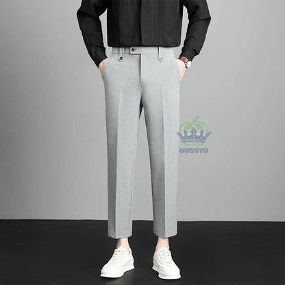 Brand High Quality Business Suit Ankle Length Pants Men Grey Khaki Waist Design Work Office Formal Long Trousers Male