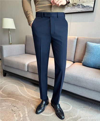 High Quality Pinstripe Slim Fit Suit Pant Men Stretchable Elastic Waist Slim Fit Business Social Wedding Party Casual Trousers
