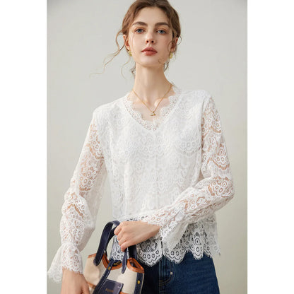 2025 Spring Elegant Hollow Lace Shirt Fashionable Pullover Shirt V-neck Long Sleeve Hooded Women's Shirt