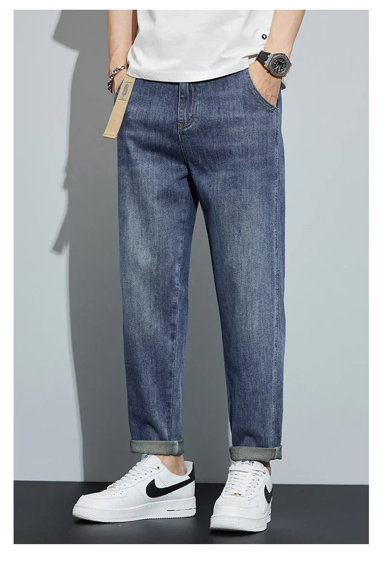 Winter Dark Blue Fleece Jeans for Men Black Loose Straight Casual Trendy Comfortable Versatile Youth Thickened Harem Pants Blue