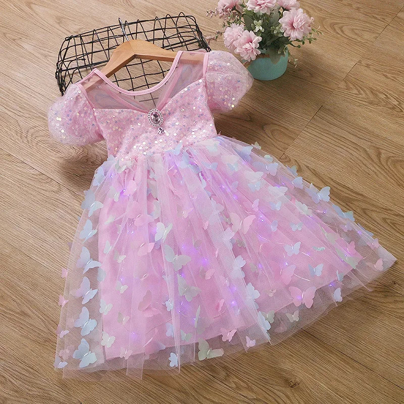 Baby Girls Butterfly Wings Fairy Gauze Princess Puff Sleeve Dress Lovely Kids Summer Tulle Dress Child Birthday Party Gown Dress