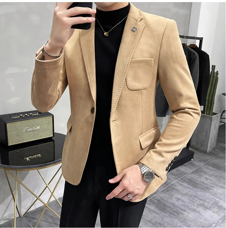 Men's Deerskin Fleece Suit Jacket 2025 Spring New High Quality Single Button Slim Fit Business Casual Suit Coat  Men Clothing