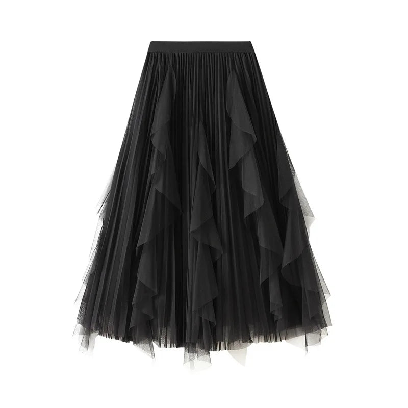 Women's Lotus Leaf Edge A Line Fairy Elastic Waist Tulle Skirt Midi High Waist Mesh Dress Solid Color Irregular Yarn Skirt D8808