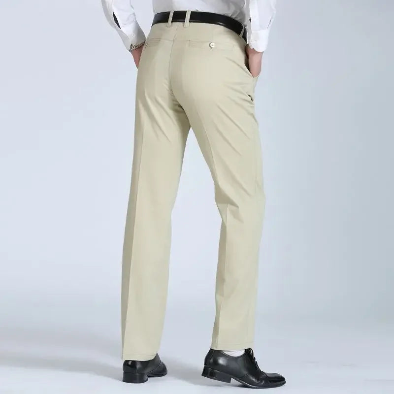 Summer Thin Pants 100% Cotton Men's Autumn Thick Suit Pant Slacks High Waist Straight Loose Bland Solid Business Casual Pants