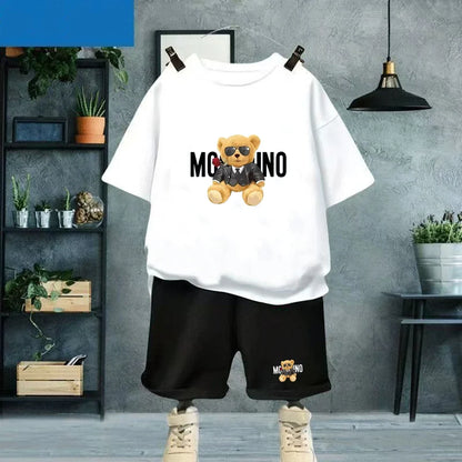 Fashion Letter Bear Print Children Summer Clothing Tshirt+Shorts Black Boy Girl Red Toddler 3-12Yrs Leisure Short-Sleeved Set