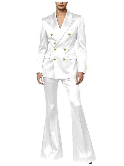 Men's Double Breasted Satin Suit Set 2 Piece Notch Lapel Gold Button Blazer Flare Pants Formal Wedding Prom Party Groom Outfit