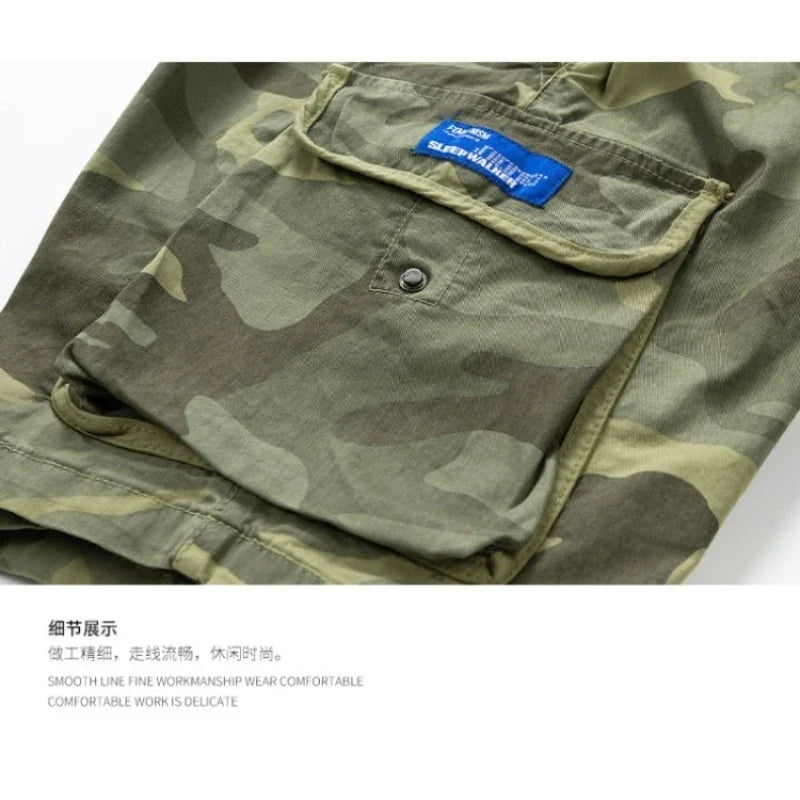 Men's Casual Washed Cotton Cargo Shorts Multi-Pocket Durable Knee-Length Work Shorts Pantaloncini Uomo Camouflage Roupas Hombre