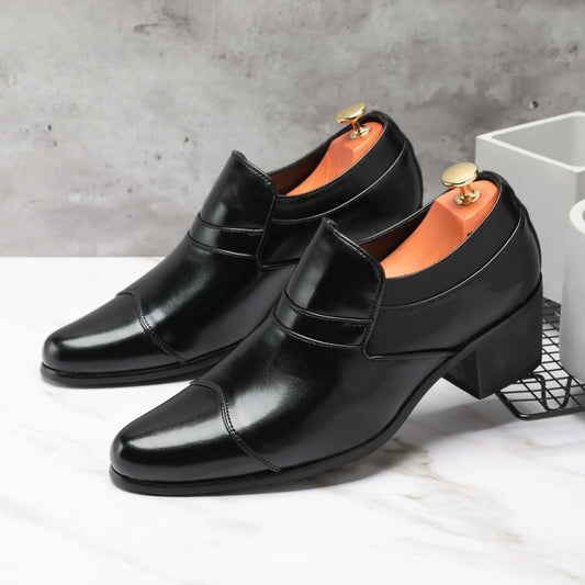 Premium Leather Men Shoes Slip On Loafers European Brand Business Casual Wedding Party Plaid Design Height Increasing