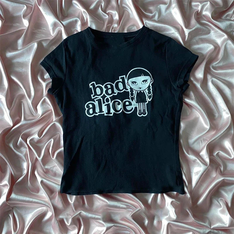 Harajuku Aesthetic Y2k Crop Top Women Sexy Letter Print Graphics Baby Tee Goth Casual Short Sleeve Tshirt Punk Streetwear Slim