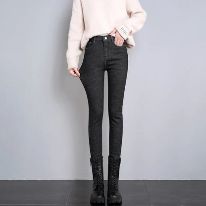 2023 Fashion Women Stretch High Waist Pencil Pants Casual Female Velvet Jeans High Quality Fleece Mom Jeans Thick Plush Pants