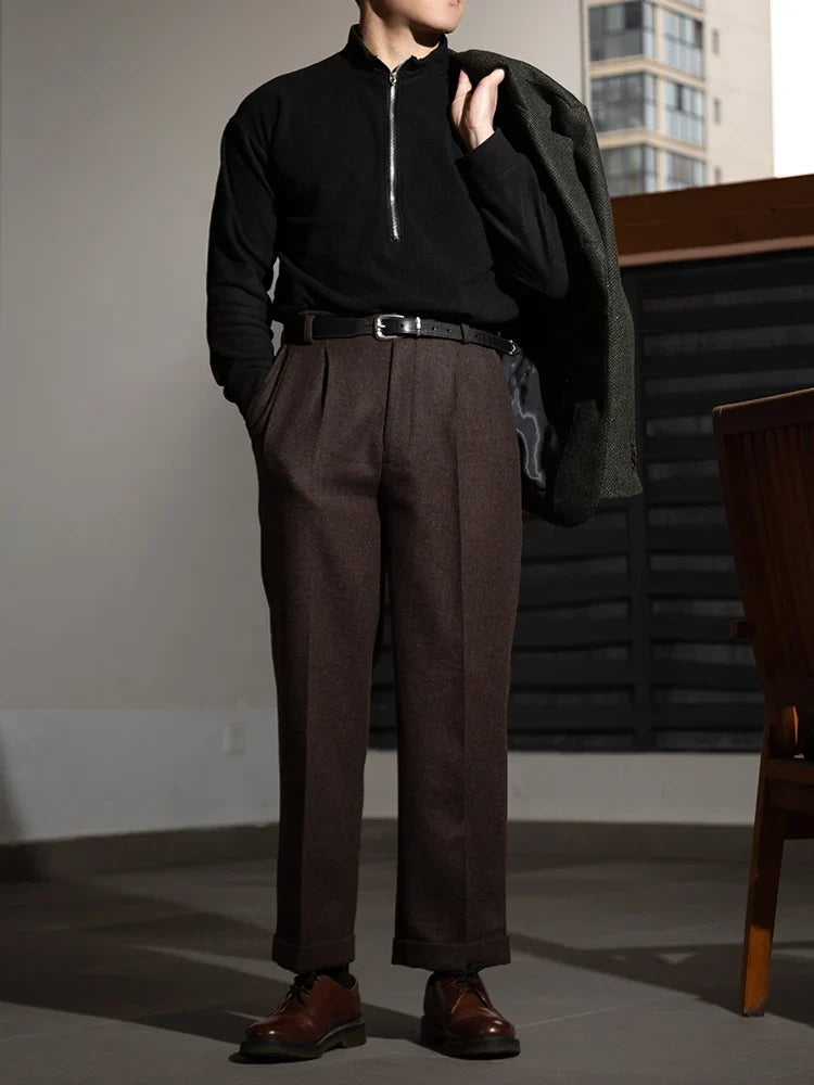 Textured Cross-Weave Wool Tweed Casual Pants Hollywood Waist Loose Straight-Leg Long Pants Vintage-Style Trousers Thick