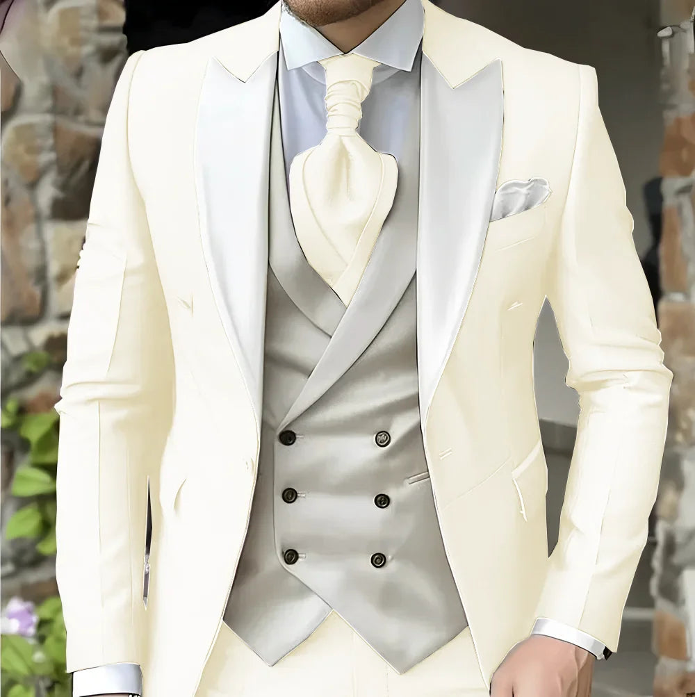 Men's Elegant Peak Lapel Tuxedo 3-Piece Suit with Blazer Vest Formal Men's Suit for Business Prom Business Dinner