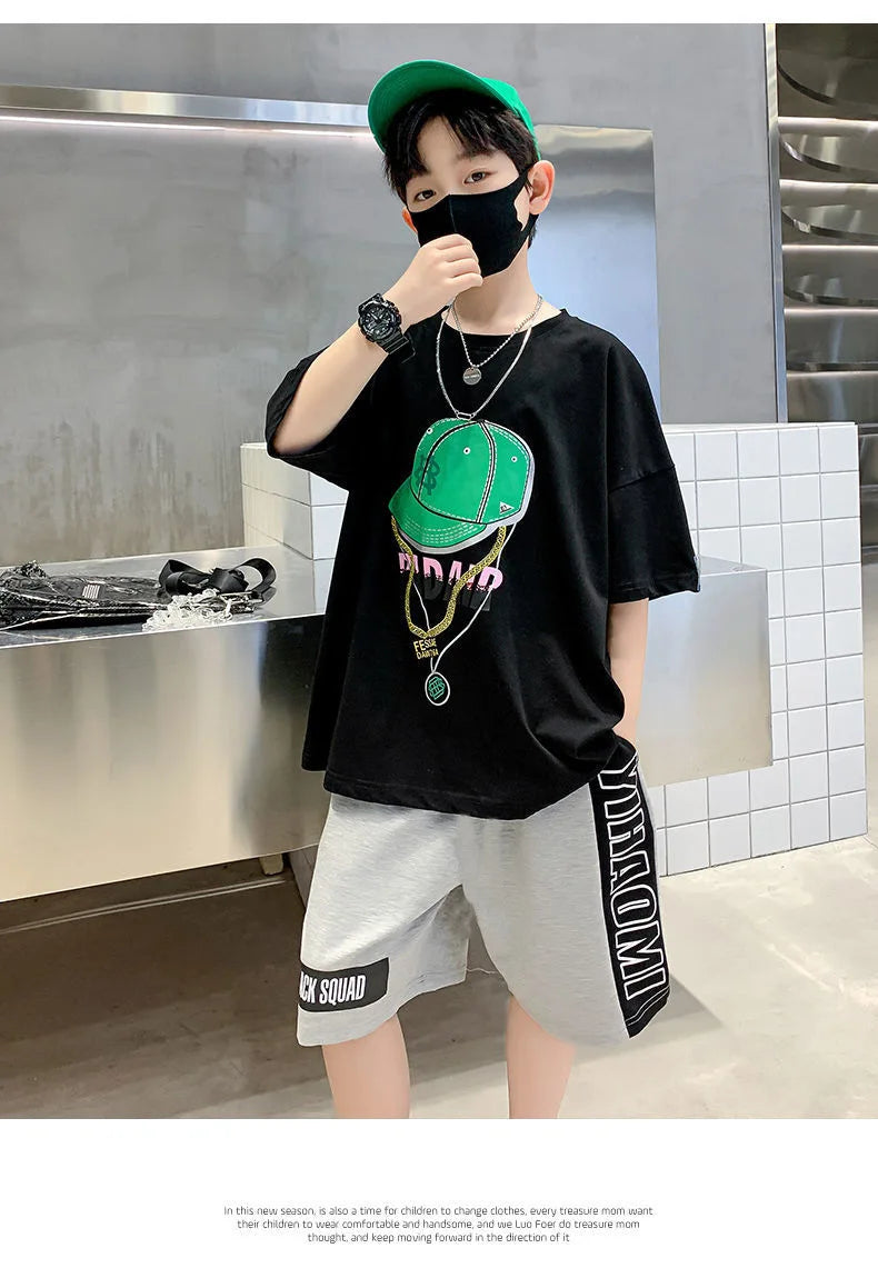 Summer Casual Boys Cotton Printed Short-Sleeved T-Shirt Tops+Short Pant Suit School Kids Tracksuit Children 2PCS Outfit 5-14 Yrs
