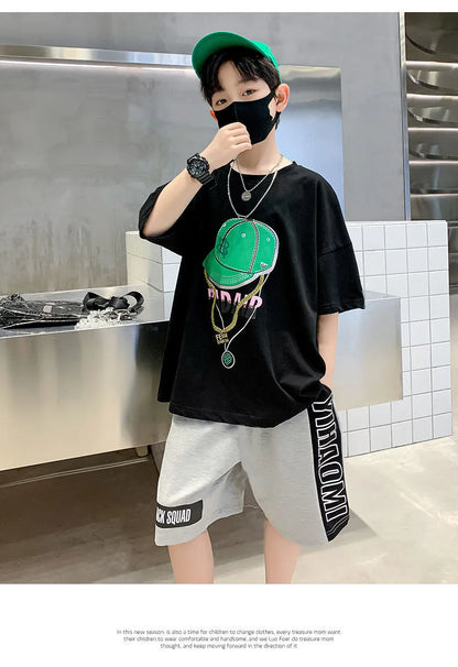 Summer Casual Boys Cotton Printed Short-Sleeved T-Shirt Tops+Short Pant Suit School Kids Tracksuit Children 2PCS Outfit 5-14 Yrs