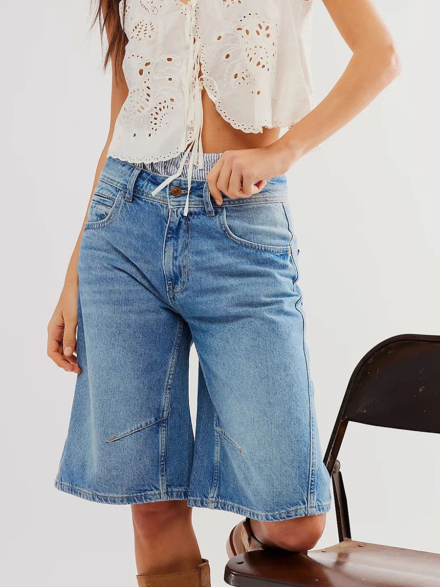 New Womens Knee Length Denim Shorts Solid Color Low Waist Wide Leg Jean Shorts For Summer Club Street Style S-2XL