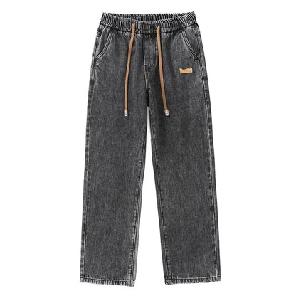 Men Dark Blue Blue Stretch Elastic Waist Denim Pants Streetwear Loose Full Length Trousers Straight Wide Leg Drawstring Jeans