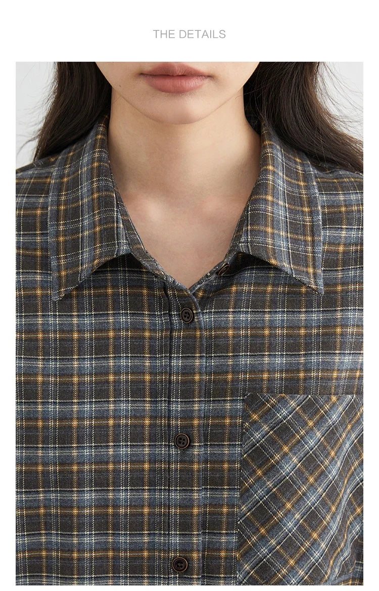 New Women Shirt Loose Casual Long Sleeved Vintage Thick Sanding Female Plaid Blouses Single-breasted Autumn Winter 2026