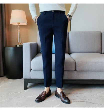 2024 Autumn New Waffle Stretch Waist Business Formal Pants Men Fashion Wedding Slim Trouser Mens Brand Social Party Suit Pants