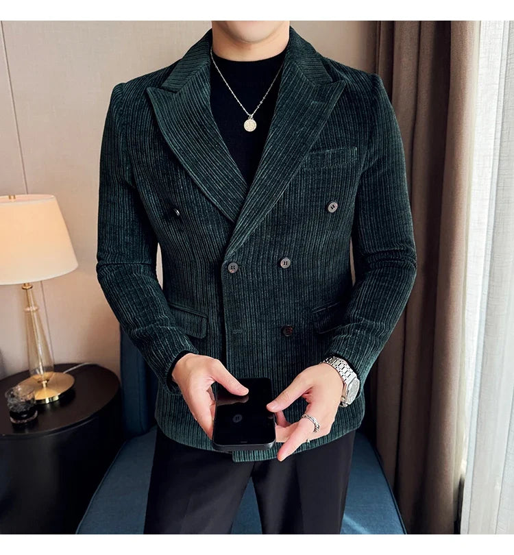 Autumn Winter New Men Corduroy Suit Jackets Double-Breasted Striped Slim Fit Casual Coats High Quality Formal Business Tailcoat