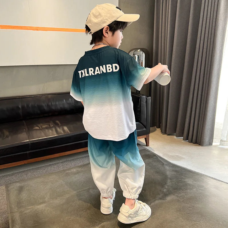 Summer Boys Gradient Contrast Alphabet t-Shirt Tops+Pant Workout Sets School Kids 2PCS Tracksuit Children Jogger Outfits 5-16 Yr