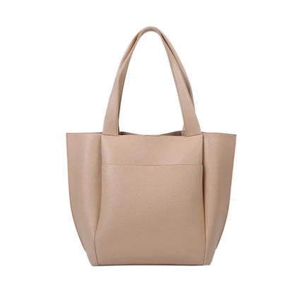 High Quality Soft Leather Woman Casual Tote Shopper Solid Color Handbags Large Capacity Single Shoulder Bag with Outer Pocket