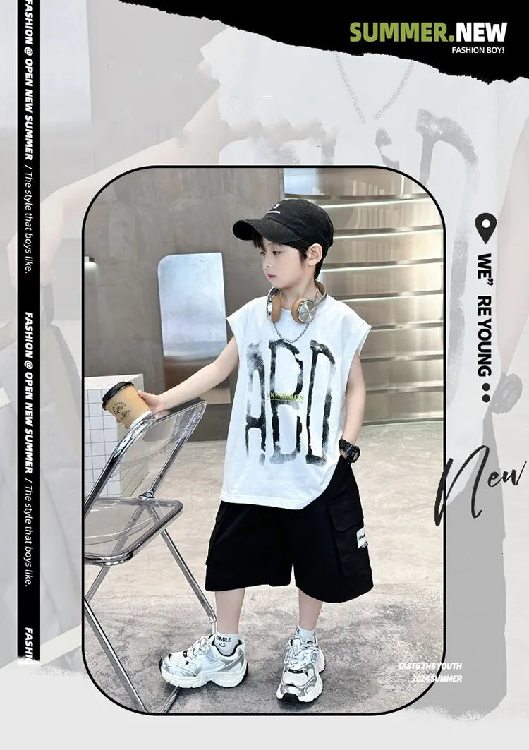 Summer Boys Cotton Sleeveless Alphabet T-Shirt Tops+Shorts Workout Sets School Kids 2PCS Tracksuit Child Jogging Outfits 5-16 Yr