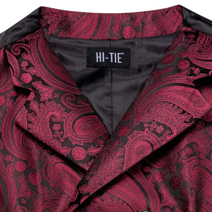 Dark Red Men's Vests Silk Paisley Jacquard Waistcoat Jacket NeckTie Hanky Cufflinks for Men Business Party Designer Gifts