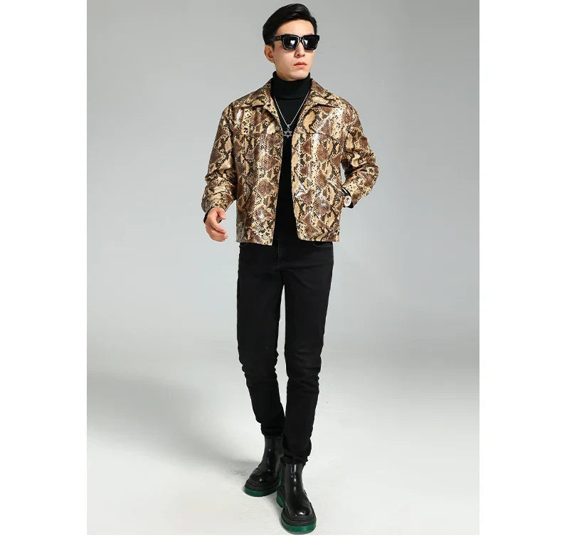 Autumn Short Handsome Cool Colorful Snakeskin Print Pu Leather Jacket Men Luxury European Style Clothes 2023 EU Size